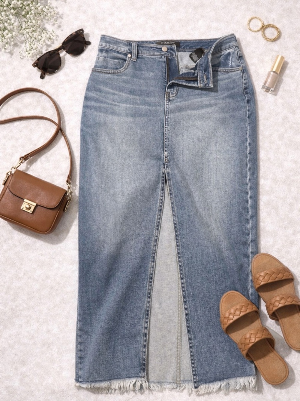 Liverpool Light Blue High-Rise Denim Midi Skirt with Front Slit